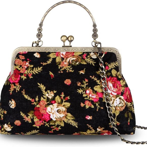 Vintage Purse Kiss Lock Purses and Handbags Floral Vacation Women Top Handle Han